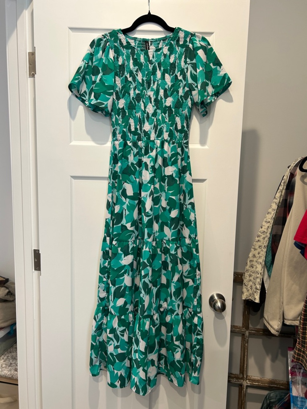 Teal Green Floral Smocked Maxi Dress